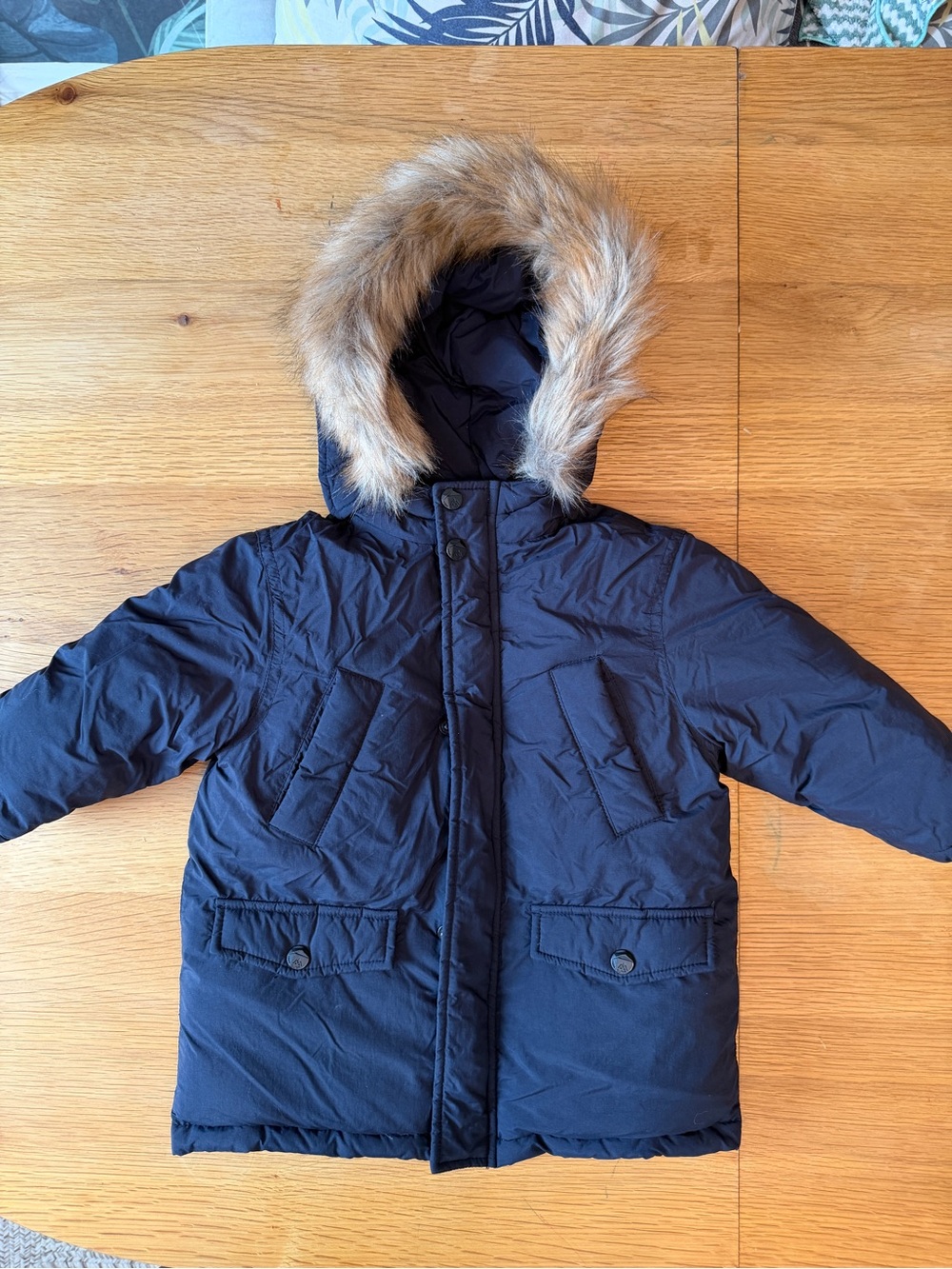 Zara Kids Down Puffer Jacket with Faux Fur Hood - Olive/Black